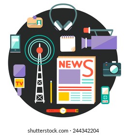 Set of vector journalism icons. Modern flat design style. Isolated symbols of media including recorder, newspaper, camera, accreditation, pencil, mobile, microphone and notebook. 