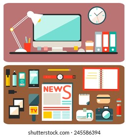 Set of vector journalism icons. Modern flat design style. Workplace of journalists. Isolated symbols of media including recorder, newspaper, camera, accreditation, pencil, mobile, microphone. 