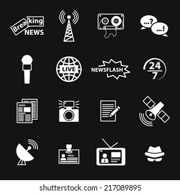 Set of vector journalism related icons including newspaper, tv, microphone, camera, breaking news, newsflash, reporter hat, live news, article, broadcasting. Illustration isolated on black