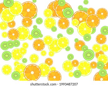 Set of vector juicy ripe fruits-2. EPS10 Lemon, orange, kiwi, mandarin. Tropical fruit cut into halves on white.