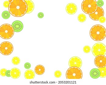 Set of vector juicy ripe fruits-2. EPS10 Lemon, orange, kiwi, mandarin. Tropical fruit cut into halves on white.