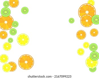 Set of vector juicy ripe fruits-2. EPS10 lemon, kiwi, orange, citron, grape vector illustration. Colorful vector background.