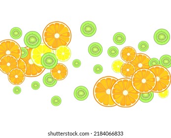 Set of vector juicy ripe fruits-2. EPS10 Green kiwi, orange, lemon fruit half-cut slices closeup. Tropical fruit cut into halves on white.