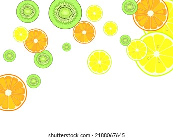 Set of vector juicy ripe fruits-2. EPS10 Lemon, orange, kiwi, mandarin. Tropical fruit cut into halves on white.