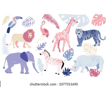 Set of vector jungle animals and tropical leaves