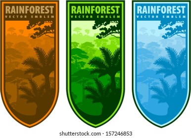 Set of Vector Jungle Label or Emblems with Tropical Rainforest on Shield