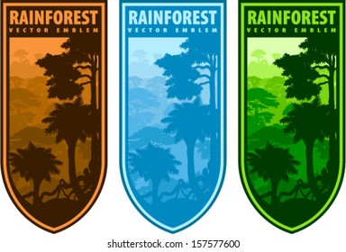 Set of Vector Jungle Label or Emblems with Tropical Rainforest on Shield 
