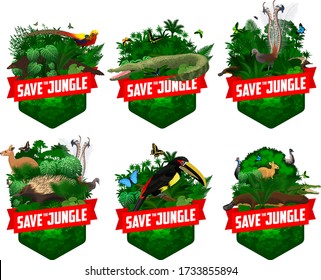 set of vector jungle rainforest emblem with red kangaroo, Lyrebird, Echidna, saltwater crocodile, golden pheasant, pangolin, platypus, ostrich Emu, cassowary, aracari toucanet and morpho butterflies