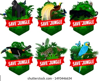 set of vector jungle rainforest emblems with black panther, Griffon vulture,  channel-billed toucan, Bird of Paradise, parrot blue-and-yellow macaw, with male gorilla, clouded leopard and butterflies