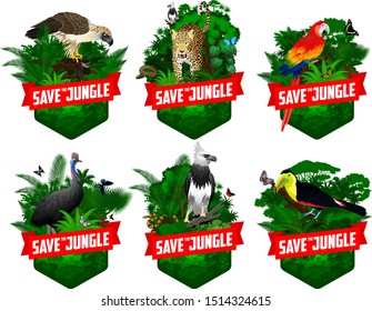 set of vector jungle rainforest emblems with red scarlet Macaw ara parrot, harpy eagle, boa, rainbow-billed toucan,  cassowary, philippine Eagle, monkey,  jaguar, anaconda and blue morpho butterfly