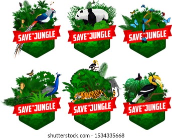 set of vector jungle rainforest emblems with diamond pheasant, Turquoise browed Motmot, giant panda bear, great hornbill, male peacock peafowl, cobra snake, tiger, elephant and butterflies