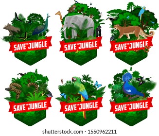 set of vector jungles rainforest emblems with anaconda, toucan, macaw ara, harpy eagle, Green peafowl, North Sulawesi babirusa, elephant, male gorilla, leopard, victoria crowned pigeon and butterflies