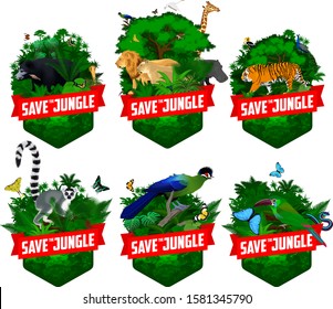 set of vector jungles rainforest emblems with tiger, great hornbill, peacock peafowl, green toucanet, blue Morpho butterfly, sloth bear, cobra, giraffe, lions, hippo, lemur 
