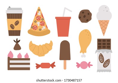 Set of vector junk food and drink icons. Ice-cream, pizza, sweet products, chocolate, candy, pastry illustration isolated on white background. Flat hand drawn unhealthy nutrition clipart