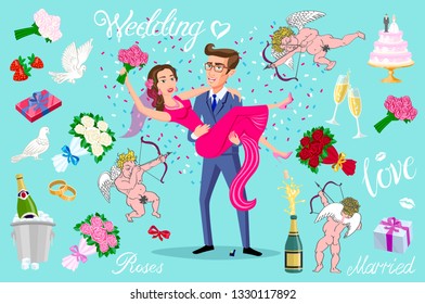 set vector Just married, newlyweds, bride and groom set. Happy Couple celebrating marriage, dancing, kissing, hugging, holding each other in arms, cut cake, jumping after ceremony art