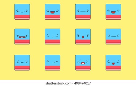 Set of vector kawaii bicolour eraser emoticons. Isolated on yellow background.