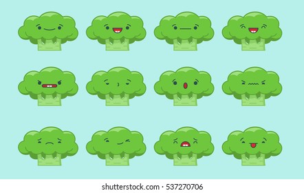Set of vector kawaii broccoli emoticons. Isolated on light blue background.