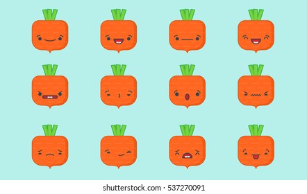 Set of vector kawaii carrot emoticons. Isolated on light blue background.