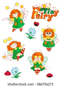 Set vector kawaii characters Emoji Japanese style. A tiny magical fairy dancing, laughing, asks, confused. Funny cartoon ladybird. Lettering in a children's style.