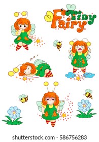 Set vector kawaii characters Emoji Japanese style. A tiny magical fairy shy, crying, sleeping, angry. Funny cartoon bee. Lettering in a children's style.