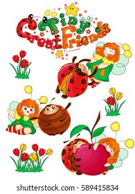 Set vector kawaii characters Emoji Japanese style. Tiny Fairy and her friend ladybug dancing, cuddling, eating cherries. Funny cartoon. Lettering in a children's style. Part 5.1.
