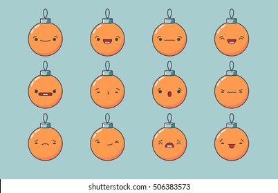 Set of vector kawaii christmas ball emoticons. Isolated on light pale background.