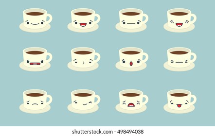 Set of vector kawaii cup emoticons. Isolated on pale blue background.