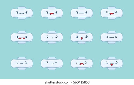 Set of vector kawaii hygiene pad emoticons. Isolated on light blue background.