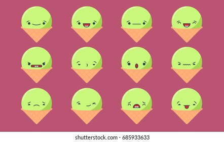 Set of vector kawaii ice cream emoticons. Isolated on purple background.