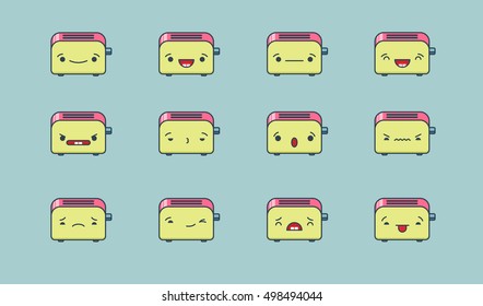 Set of vector kawaii toaster emoticons. Isolated on pale green background.