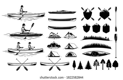 Set of vector kayaking and canoeing illustrations and design elements. Water sport and recreation illustrations and icons
