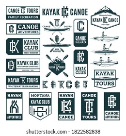 Set of vector kayaking and canoeing logo, badges and design elements. Water sport, recreation, kayaking, canoeing, rafting design concept