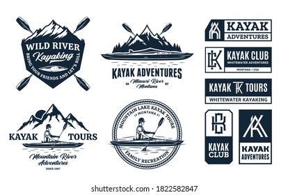 Set of vector kayaking logo, badges and design elements. Water sport, recreation, kayaking, canoeing, rafting design concept