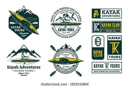 Set of vector kayaking logo, badges and design elements. Water sport, recreation and kayaking design concepts