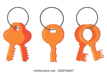 A set of vector keys, a flat icon in cartoon style, a modern and classic bunch of retro-style door keys hanging on a ring.