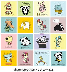 Set of vector kid's cards with simple design of cute animals. Perfect for kid's banners, stickers and other kid's things.