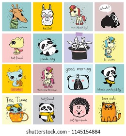 Set of vector kid's cards with simple design of cute animals. Perfect for kid's banners, stickers and other kid's things.