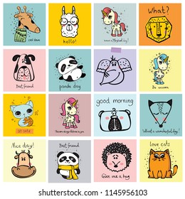 Set of vector kid's cards with simple design of cute animals. Perfect for kid's banners, stickers and other kid's things.