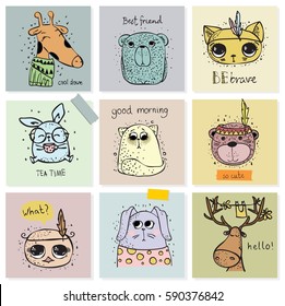 Set of vector kid's cards with simple design of cute animals. Perfect for kid's banners, stickers and other kid's things.