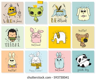 Set of vector kid's cards with simple design of cute animals. Perfect for kid's banners, stickers and other kid's things.
