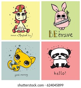 Set of vector kid's cards with simple design of cute animals. Perfect for kid's banners, stickers and other kid's things.