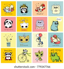 Set of vector kid's cards with simple design of cute animals. Perfect for kid's banners, stickers and other kid's things.