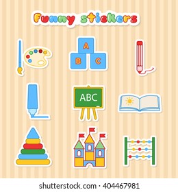 Set of vector kids education stickers. Collection of sticker for lesson brush, paint, pencil, pen, blackboard, album, pyramid, cubes and scores. Funy vector illustration in a flat style