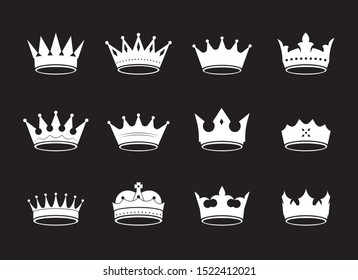 Set of vector king crowns and icon on black background. Vector Illustration. Emblem and royal symbols.