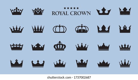Set of vector king crowns icon on blue background. Vector Illustration. Emblem, icon and Royal symbols.