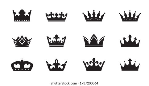 Set of vector king crowns icon on white background. Vector Illustration. Emblem, icon and Royal symbols.