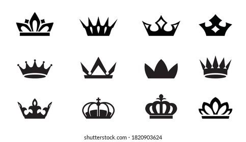 Conjunto de iconos de coronas de rey vectorial sobre fondo blanco. Ilustración vectorial. Emblema, icono y símbolos reales.
