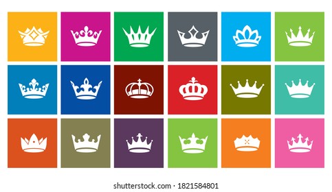 Set of vector king crowns icon on colour backgrounds. Vector Illustration. Emblem, icon and Royal symbols.