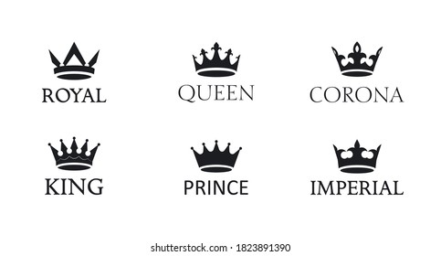 Set of vector king crowns icon on white background. Vector Illustration. Emblem, icon and Royal symbols.