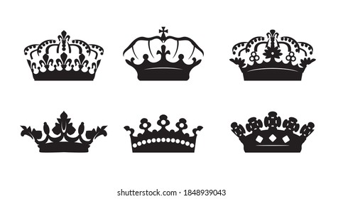 Set of vector king crowns icon on white background. Vector Illustration. Emblem, icon and Royal symbols.